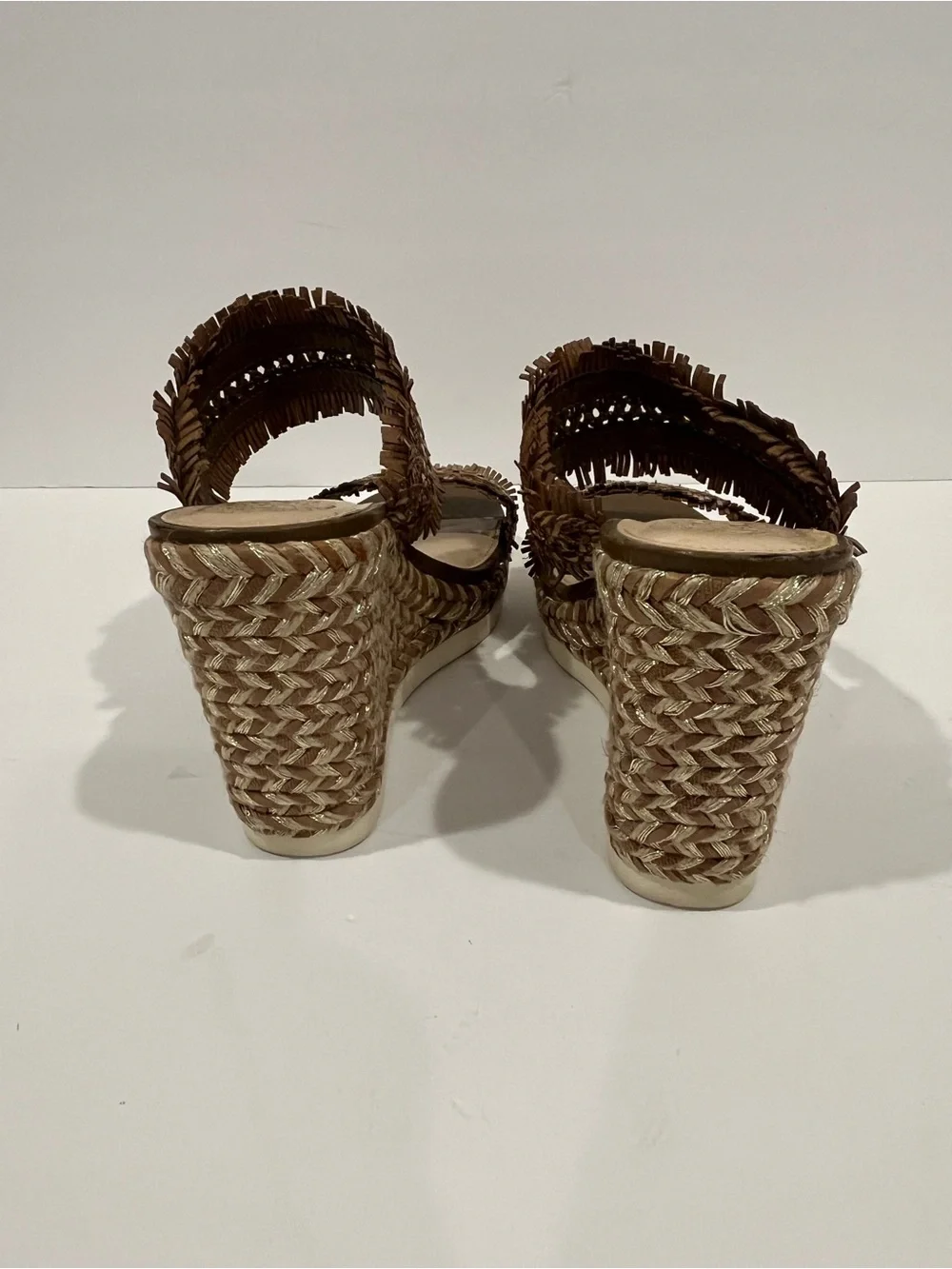 Woven Fringe Wedge Sandals in Brown